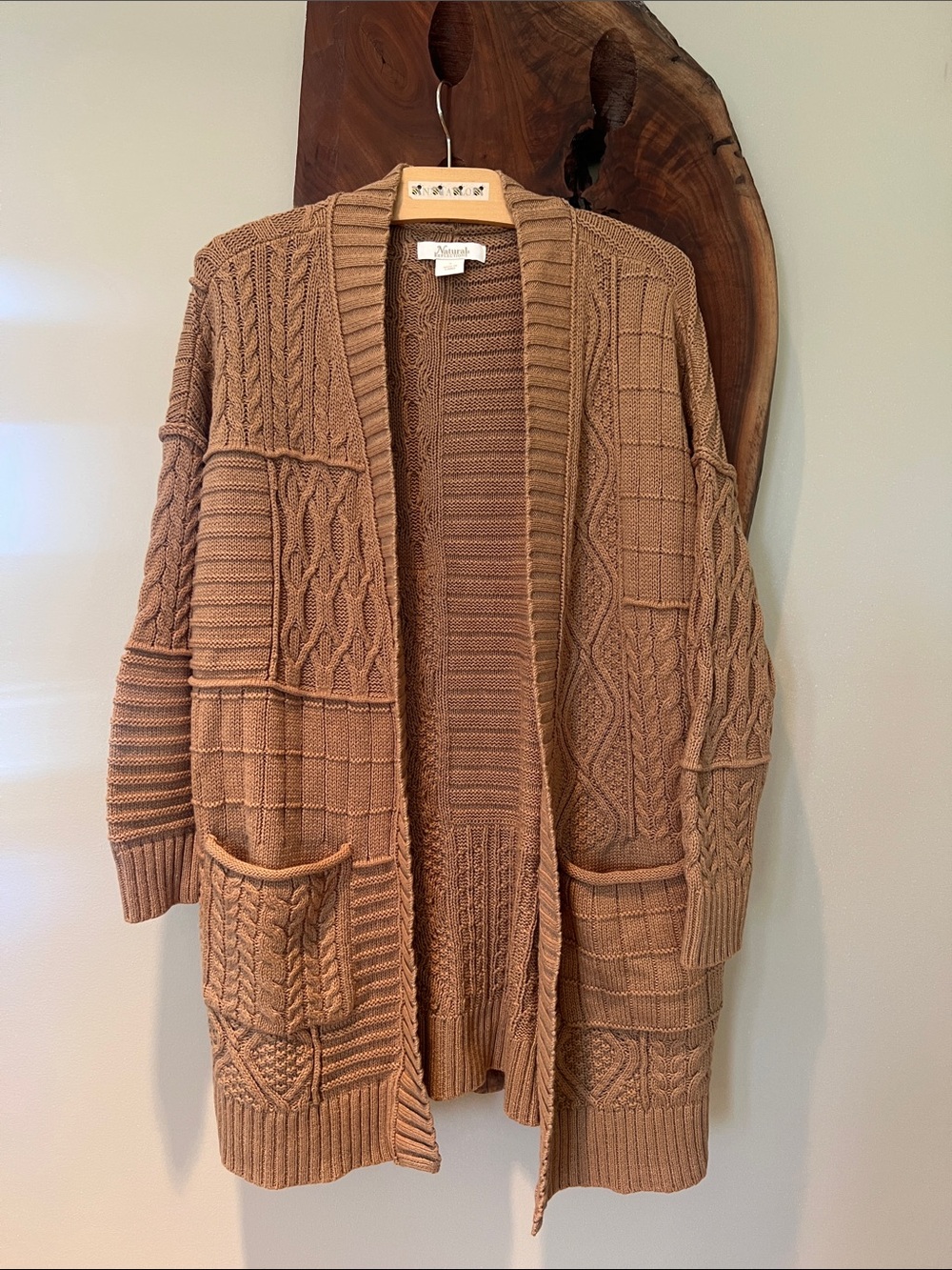 Cable Knit Women’s Open Cardigan Camel Cozy Fisherman Coastal Layer Fall Winter